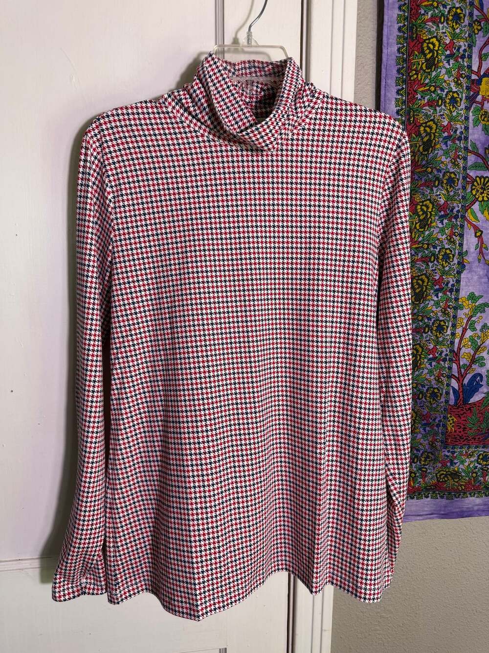 Lands End Turtleneck Top Womens Large Red Pink Check Long Sleeve